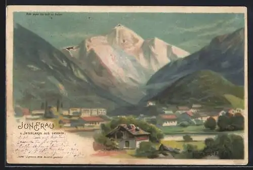 Lithographie Interlaken, Teilansicht mit Blick zur Jungfrau, Halt gegen das Licht, Berg mit Gesicht /Berggesichter