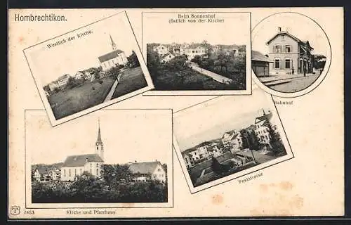 AK Hombrechtikon, Bahnhof, Sonnenhof, Kirche und Pfarrhaus, Poststrasse