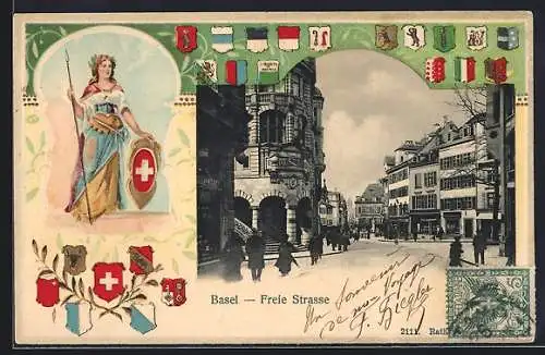 Lithographie Basel, Belebte Partie in der Freien Strasse, Die Helvetia und Kantons-Wappen im Passepartout