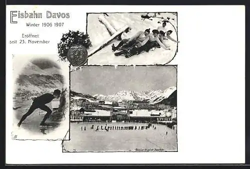 AK Davos, Szenen von der Eisbahn im Winter 1907 /1907, Rodelbahn