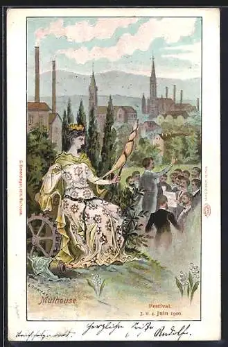 Lithographie Mulhouse, Allegorische Frauenfigur beim Volksfest 1900