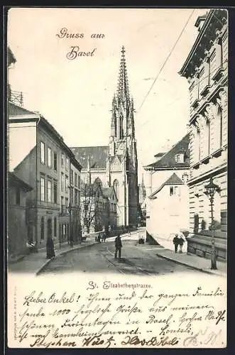 AK Basel, St. Elisabethenstrasse mit Kirche