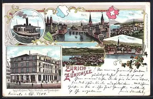 Lithographie Zürich, Teilansicht mit Wädensweil, Geschäftshaus Weber & Letsch und Dampfschwalbe