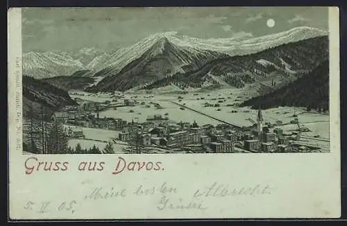 Mondschein-Lithographie Davos, Ortspanorama im Winter