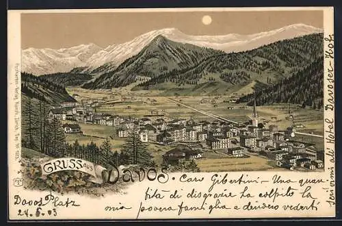 Lithographie Davos, Totalansicht der Ortschaft