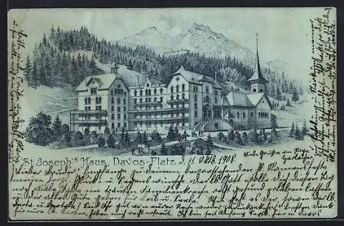 Mondschein-Lithographie Davos-Platz, Hotel St. Josephs-Haus mit Bergpanorama