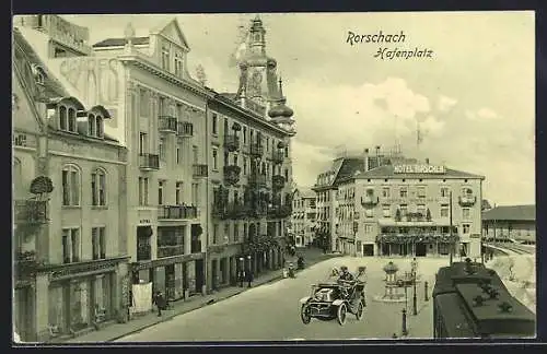 AK Rorschach, Hotel Hirschen und Geschäft von Theo Federer am Hafenplatz