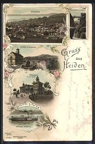 Lithographie Heiden, Kirchplatz, Kurhaus mit Besuchern, Bodensee Dampfer