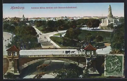 AK Hamburg-St. Pauli, Kersten Miles-Brücke mit Bismarckdenkmal