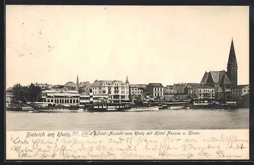 AK Biebrich am Rhein, Totalansicht vom Rhein mit Hotel Nassau u. Krone