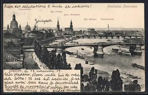 AK Dresden, Westliches Panorama. Frauenkirche, Hofoper und Fernheizwerk