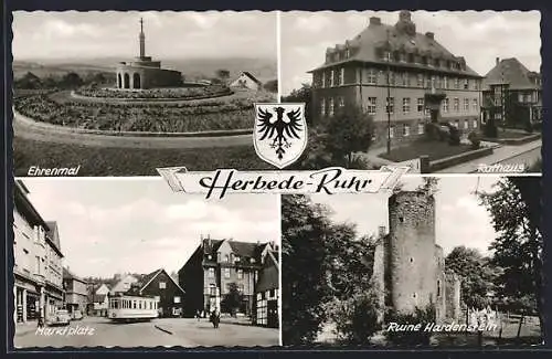 AK Herbede, Ehrenmal, Marktplatz, Strassenbahn, Rathaus, Ruine Hardenstein