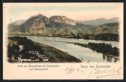 AK Nonnenwerth, Blick vom Rolandsbogen auf Drachenfels und Nonnenwerth