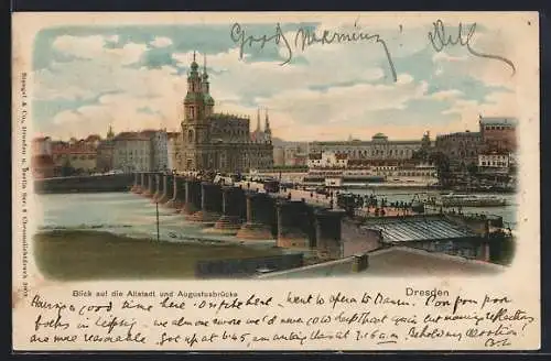 AK Dresden, Blick auf die Altstadt und Augustusbrücke mit Strassenbahn