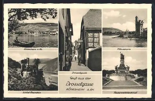 AK Rüdesheim a. Rh., Ortsansicht, Drosselgasse, Mäuseturm, Niederwalddenkmal, Schloss Rheinstein