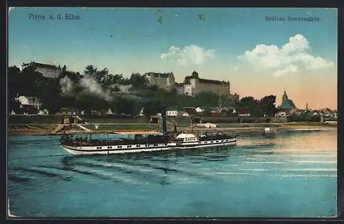 AK Pirna /Elbe, Schloss Sonnenstein, Elbdampfer Bodenbach