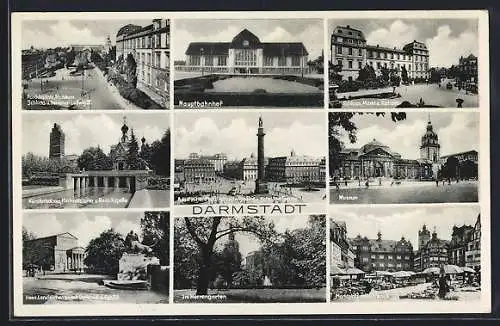 AK Darmstadt, Hauptbahnhof, Schloss, Markt u. Rathaus, Museum, Platz mit Ludwigsäule u. Hotel Traube