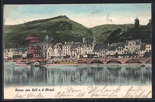 AK Zell a. d. Mosel, Ortsansicht über die Mosel