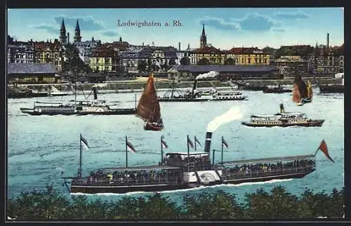 AK Ludwigshafen a. Rh., Stadtpanorama vom Rheinufer aus