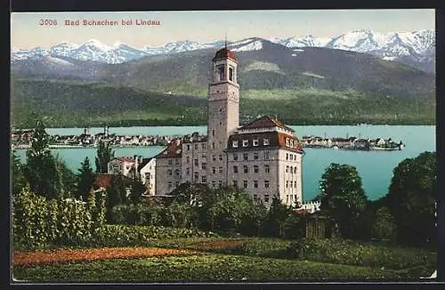 AK Bad Schachen bei Lindau, Blick zum Hotel mit Bodensee dahinter