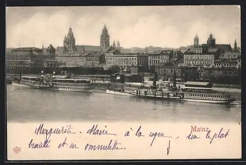 AK Mainz, Blick über den Rhein zur Stadt mit Dampfern