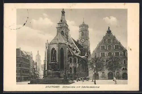 AK Stuttgart, Stiftskirche mit Schillerdenkmal