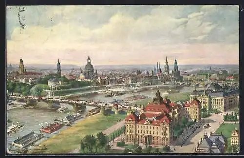 Künstler-AK Dresden-Neustadt, Zeppelinaufnahme der Königlichen Ministerien und der Altstadt