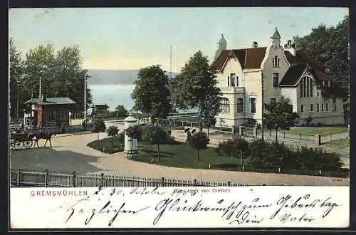 AK Gremsmühlen, Blick über den Dieksee, Bahnhof, Litfasssäule, Kutsche