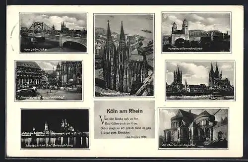 AK Köln am Rhein, Fliegeraufnahme vom Dom, Hängebrücke, Domplatz und Hauptbahnhof, Hohenzollernbrücke