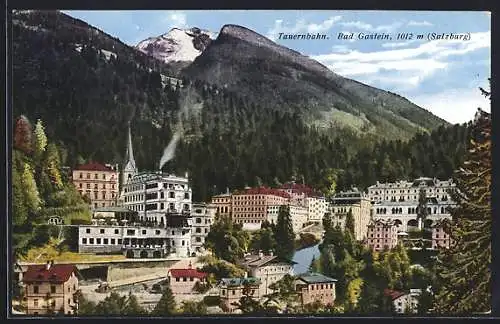 AK Bad Gastein /Salzburg, Ortsansicht und Tauernbahn