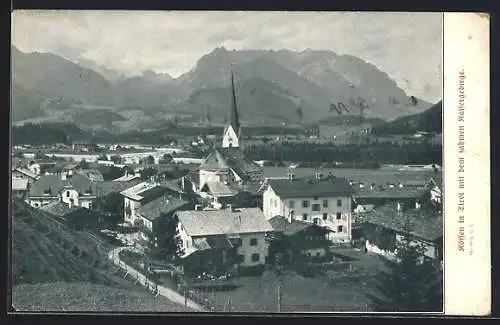 AK Kössen in Tirol, Ortsansicht mit dem zahmen Kaisergebirge