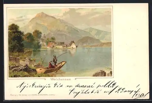 Lithographie Walchensee, Angler auf dem Boot, Bergpanorama