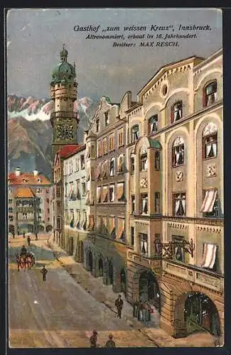 Künstler-AK Richard Wagner: Innsbruck, Gasthof zum weissen Kreuz und Kirche