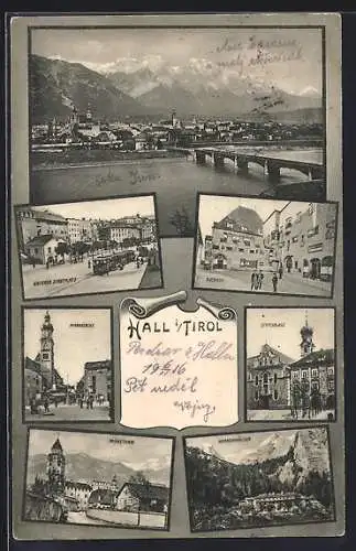 AK Hall in Tirol, Unterer Stadtplatz, Stiftsplatz, Ortsansicht mit Brücke