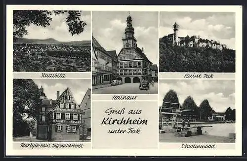 AK Kirchheim / Teck, Ortsansicht mit Rathaus, Schwimmbad & Ruine Teck