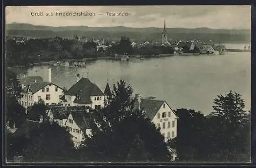 AK Friedrichshafen, Totalansicht mit Bodensee und Kirche