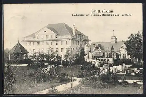 AK Bühl / Baden, Stadtgarten mit Denkmal, Realschule & Turnhalle