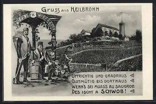 AK Heilbronn, Ortspartie mit Turm, Schwaben mit Holzeimern