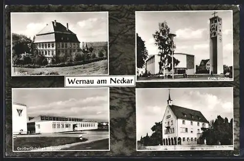 AK Wernau am Neckar, Grosswäscherei, Schloss, Katholische Kirche