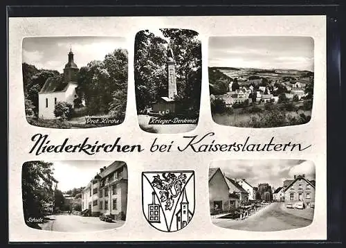 AK Niederkirchen / Kaiserslautern, Protestantische Kirche, Krieger-Denkmal, Schule