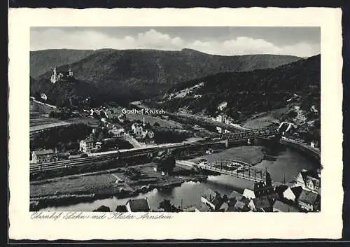 AK Obernhof /Lahn, Ortsansicht mit Brücken, Kloster Arnstein u. Gasthof Reusch aus der Vogelschau