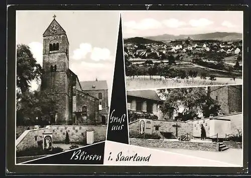 AK Bliesen /Saarland, Kriegerdenkmal, Kirche, Gesamtansicht