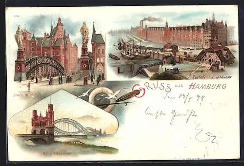 Lithographie Hamburg, Brooks Brücke, Freihafen Lagerhäuser, Neue Elbbrücke, Möwen, Rettungsring