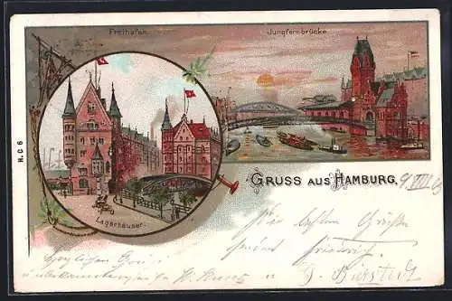 Künstler-AK Hamburg, Lagerhäuser, Freihafen und Jungfernbrücke