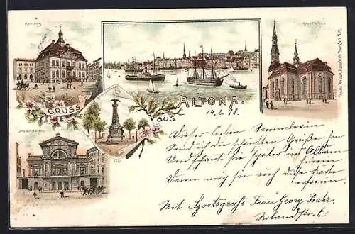 Lithographie Hamburg-Altona, Hauptkirche, Rathaus, Stadttheater, Siegesdenkmal und Elbpartie