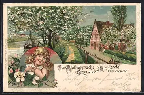 Lithographie Lühe / Altenland, Ortsansicht zur Blütenpracht