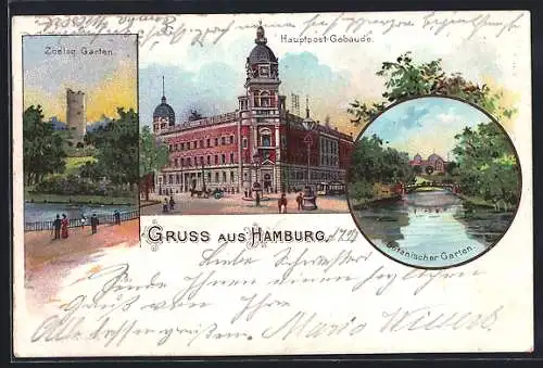 Lithographie Hamburg-Neustadt, Zoologischer Garten, Hauptpost-Gebäude, Botanischer Garten