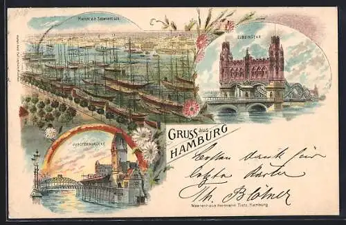 Lithographie Hamburg-Neustadt, Elbbrücke, Jungfernbrücke, Hafen