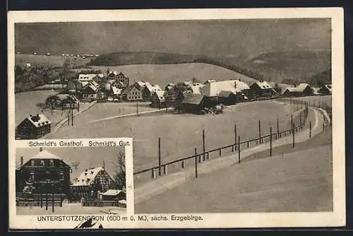 AK Unterstützengrün /Sächs. Erzgeb., Schmidt`s Gasthof und Schmidt`s Gut, Ortsansicht im Schnee