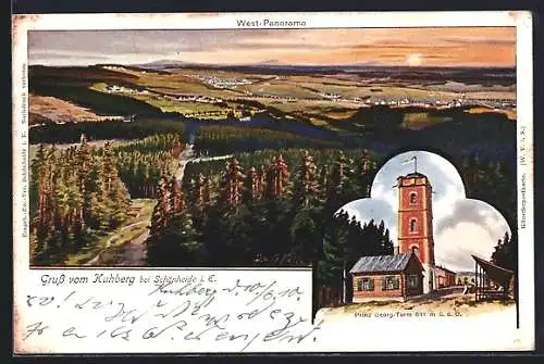 AK Schönheide / E., West-Panorama, Prinz Georg-Turm auf dem Kuhberg